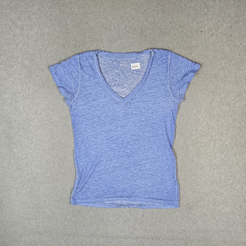 J.CREW Women Shirt M Blue Linen V-Neck Pullover Short Sleeve Lightweight